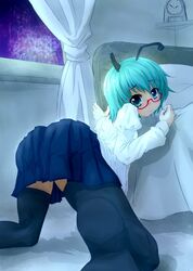 aqua_eyes aqua_hair bed bedroom blush clock curtains glasses legwear looking_at_viewer looking_back mirinduke skirt touhou wriggle_nightbug