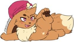 1girls 2020 badge big_ears blush brown_body brown_fur canine clothing digital_media_(artwork) eevee feet female feral fur furry half-closed_eyes hat headgear headwear heart heart-shaped_pupils heart_eye hi_res iroxykun long_ears mammal nintendo open_mouth original_character pawpads paws pokémon_(species) pokemon pokemon_rgby pussy smug solo spreading stretching tail teeth text tongue video_games watermark wide_hips