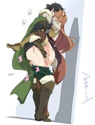 1boy 2020 animal_ears black_hair boots brown_hair brown_legwear cape closed_eyes clothed_sex commentary_request female green_cape iwatani_naofumi japanese_text long_hair raccoon_ears raccoon_girl raccoon_tail raphtalia sex short_hair standing standing_sex straight tail tate_no_yuusha_no_nariagari text the_rising_of_the_shield_hero thighhighs translated umanosuke