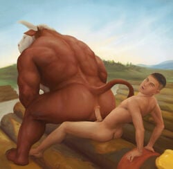 anal bodily_fluids bovid bovine cum cum_in_ass cum_inside from_behind_(disambiguation) gay genital_fluids genitals hi_res hooves horn human humanoid male male/male mammal muscular nipples open_mouth orcfun penis size_difference small_dom_big_sub thick_thighs