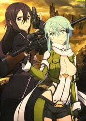 1girls asada_shino edit kirigaya_kazuto kirito kirito_(sao-ggo) nipples open_clothes single_girl sinon sword_art_online