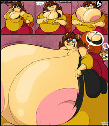 !? ... 1girls anthro areolae big_breasts breast_expansion breasts chubby cleavage clothed clothing comic english_text fat female female_only furry huge_breasts hyper_breasts large_breasts nipples potion simple_background slightly_chubby solo superia_(superix) text theawesomefoxguy wardrobe_malfunction