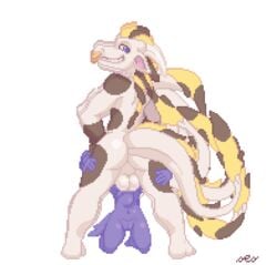 2019 animated anthro ass backsack balls digital_media_(artwork) dragomoo dragon duo genitals gif kneeling looking_at_viewer looking_back male male_focus navel nude perineum pixel_art rear_view ses_vanbrubles short_playtime standing transparent_background