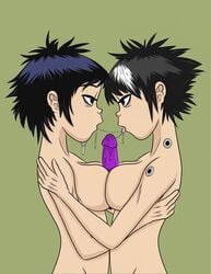 2girls black_hair blue_hair breasts breasts_to_breasts cockstar_studios cyborg cyborg_noodle dildo dildo_between_breasts gorillaz hand_on_another's_shoulder looking_at_each_other multiple_girls noodle_(gorillaz) purple_dildo saliva saliva_on_dildo saliva_string shackhouse tongue_out yuri