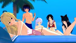 1boy 3d 4girls ass beach blake_belladonna breasts daven_(extremesoda) extremesoda half-closed_eyes koikatsu ruby_rose rwby source_request suntan weiss_schnee yang_xiao_long