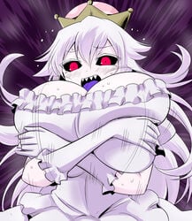 blush boosette breast_grab cleavage crown embarrassed female ghost groping_breasts huge_breasts indoor long_hair mario_(series) monster_girl new_super_mario_bros._u_deluxe nintendo oro_(zetsubou_girl) outfit red_eyes white_hair