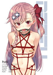 arms_behind_back bandaid bandaids_on_nipples bangs blush bondage bound bow braid breasts character_name collar commentary_request drooling eyebrows_visible_through_hair female femsub gag girls'_frontline goyain groin hair_between_eyes hair_ornament hair_ribbon hairbow hairclip hexagram long_hair looking_at_viewer negev_(girls_frontline) nude one_side_up open_mouth open_mouth_gag pasties pink_hair red_bow red_eyes restrained ribbon ring_gag rope solo star_of_david tongue tongue_out