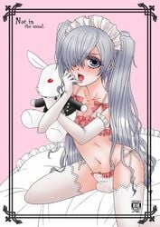 1boy black_butler blue_hair ciel_phantomhive cute erection girly kuroshitsuji lingerie long_hair sissy teddy_bear trap