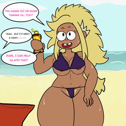 1boy 1girls beach bikini blonde_hair blonde_pubic_hair carol_(ok_k.o.!_let's_be_heroes) carol_kincaid cartoon_network comic curvy dialogue milf nicechan nipple_slip ok_k.o.!_let's_be_heroes pubic_hair silver_spa silver_spark_(ok_k.o.!_let's_be_heroes) silverspark_(ok_k.o.!_let's_be_heroes) smile solo_focus sweat tan_oil tan_skin wide_hips