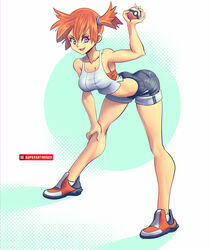 1girls alternate_breast_size alternate_outfit ass bent_over blue_eyes breasts cleavage clothed eye_contact female human human_only kasumi_(pokemon) looking_at_viewer misty_(pokemon) misty_(pokemon_lgpe) nintendo pokemon pokemon_lgpe pokemon_rgby pose shirt shoes shorts solo supersatanson tank_top text watermark