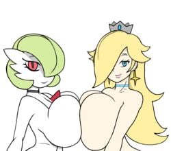 2girls alternate_breast_size blonde_hair blue_eyes breast_frottage breast_press choker covered_nipples crossover crown dress earrings eye_contact eyelashes female female_only gardevoir green_hair hair_over_one_eye half-closed_eyes huge_breasts human interspecies lipstick long_hair looking_at_viewer mario_(series) nintendo pink_lipstick pokemon pokemon_rse pokemon_xy princess_rosalina red_eyes samson_00 short_hair sideboob sketch smile source_request super_mario_galaxy white_background white_skin yuri