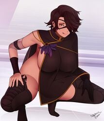 big_breasts breasts brown_hair cinder_fall cloak eye_patch feathers female looking_at_viewer mostly_nude nachocobana no_bra no_panties red_eyes rwby seductive squatting thighhighs tongue_out