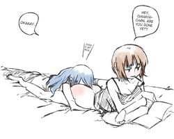 2girls amami_haruka ass ass_pillow blue_hair bored bottomless brown_hair camisole crossed_arms cunnilingus expressionless hard_translated head_on_ass hug hug_from_behind kent_mame kisaragi_chihaya long_hair lying monochrome multiple_girls on_bed on_person on_stomach oral pocky reading short_hair simple_background text white_background yuri