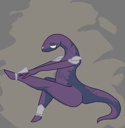 2015 alien ambiguous_gender anthro armor barefoot biped clothing hand_on_leg hopoo_games lemurian long_neck mostly_nude purple_body purple_scales purple_skin risk_of_rain scales scalie sitting solo tail the_weaver yellow_eyes