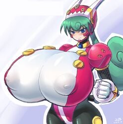 2b213 alternate_breast_size android blue_eyes blush breasts erect_nipples eyebrows_visible_through_hair female gigantic_breasts green_hair headgear helmet highres huge_breasts hyper_breasts large_breasts leotard long_hair marino mega_man mega_man_x nipple_bulge nipples nipples_visible_through_clothing puffy_nipples simple_background smile solo spandex tagme upper_body