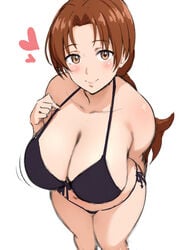 1girls alternate_breast_size alternate_outfit armpits belly big_breasts bikini black_bikini blush breasts brown_eyes brown_hair chubby clothed clothed_female delia_ketchum_(pokemon) eye_contact female female_focus female_only heart huge_breasts human human_only large_breasts long_hair looking_at_viewer mature mature_female mhs midriff milf mother navel nintendo pokémon pokemon pokemon_rgby ponytail side-tie_bikini sideboob simple_background sketch solo solo_female standing swimsuit thick_thighs white_background wide_hips