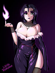 big_breasts choker cindisinz cleavage fantasy goth gothic green_eyes huge_breasts lace_choker lilith_romana magic necromancer oppai_forge purple_lipstick thighs