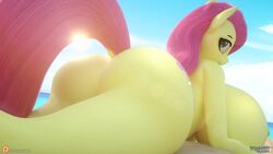 3d 3d_(artwork) anthro areola ass beach big_breasts breasts curvy cutie_mark eqamrd female female_only fluttershy_(mlp) hips hourglass_figure huge_ass huge_breasts huge_butt looking_at_viewer mare my_little_pony nipples nudity pegasus sky solo solo_female straight_hair sun tail