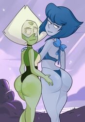 2girls ass bedroom_eyes big_ass bikini blushmallet bow butt butt_crack cartoon_network dimples_of_venus double_ass_focus gem_(species) hand_on_ass heart_eyes lapis_lazuli_(steven_universe) long_legs looking_back multiple_girls peridot_(steven_universe) rear_view short_blonde_hair short_blue_hair smug steven_universe thong