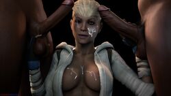 2boys 3d 3d_(artwork) areola_slip athletic balls big_breasts blonde_hair blue_eyes bukkake busty cassie_cage cleavage cosmicnoctis cum dark-skinned_male dark_skin female female_focus fingerless_gloves fit fit_female glans handjob hoodie interracial large_breasts mortal_kombat mortal_kombat_x multiple_boys partial_male penis sex short_hair tagme threesome uncensored