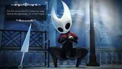 16:9 2020 3d_(artwork) 4k absurd_res arthropod black_body breasts cloak clothing crouching digital_media_(artwork) english_text female genitals hi_res hollow_knight hornet_(hollow_knight) insects looking_at_viewer nipples outside owo_sfm presenting pussy solo source_filmmaker text video_games