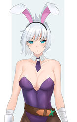 1girls alternate_costume aori_sora battle_bunny_riven big_breasts blue_eyes bob_cut breasts bunnysuit cleavage female female_only large_breasts league_of_legends looking_at_viewer riven short_hair solo white_hair