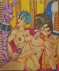 4some bed beerus big_breasts bottomless bulma_briefs cheating dragon_ball dragon_ball_super dragon_ball_z dubious_consent female_goku god_of_destruction interspecies nude_female nude_male princeadam rule_63 son_goku traditional_media_(artwork) vegeta