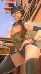 1girls 3d blender blizzard_entertainment breasts brown_hair female orange-tinted_eyewear overwatch riversizd solo thigh_highs thighhighs tinted_eyewear tracer visor