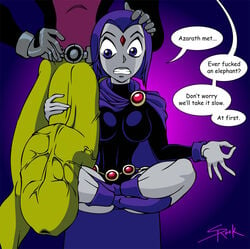 beast_boy big_breasts clothing dc dc_comics green_skin grey_skin impossible_fit massive_cock partial_male raven_(dc) selrock straight teen_titans teenager