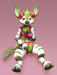 2019 absurd_res anthro breasts clothing digital_media_(artwork) female flat_chested fur furry furry_only genitals giraffid green_body green_fur hi_res hooves horn lingerie looking_at_viewer mammal multicolored_body navel nipples nude okapi pussy pyritie ribbons sitting solo spread_legs spreading striped_body stripes tail white_body white_fur