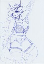 absurd_res anthro big_breasts bodily_fluids bra breasts clothing female friendship_is_magic garter_belt garter_straps genital_fluids heart hi_res horn legwear lingerie longinius my_little_pony panties princess_celestia_(mlp) pussy_juice smooth_skin solo squish thick_thighs thigh_highs thigh_squish underwear