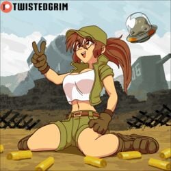 1girls 2d 2d_animation animated big_breasts boob_drop bouncing_breasts breasts cleavage clothing female female_only fio_germi gif glasses martian_(metal_slug) metal_slug no_bra patreon peace_sign ponytail shirt_lift snk sweat titty_drop twistedgrim wiping_sweat wiping_with_shirt