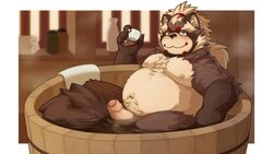 16:9 bath bathing belly beverage blush canid canine erection foreskin genitals goemon_(tokyo_afterschool_summoners) hair hi_res humanoid_penis long_hair mabit male male_only mammal moobs navel nipples overweight overweight_male penis ponytail raccoon_dog tanuki tea tokyo_afterschool_summoners towel video_games