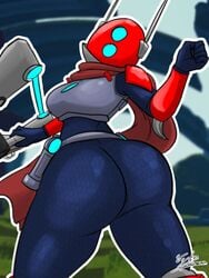 antennae armor big_ass big_butt bow bracers cape gloves heart helmet hopoo_games huntress_(risk_of_rain) jyto looking_back red_cape red_helmet risk_of_rain risk_of_rain_2 shoulder_pads skintight tight_clothing video_games visor weapon white_outline