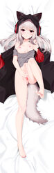 animal_ears arknights ass bare_shoulders barefoot bed_sheet bottomless breasts censored dakimakura empty_eyes feet female fox_ears fox_tail frostleaf_(arknights) full_body grey_shirt headphones highres hood jacket kong_lang_(skywave) leg_up long_hair looking_at_viewer lying medium_breasts navel nipples no_bra off_shoulder on_back parted_lips pussy red_eyes red_jacket shirt silver_hair solo tail thighs toenail_polish