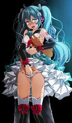 1boy ahoge bangs black_sleeves blue_hair breast_grab collarbone crying crying_with_eyes_open curly_hair detached_sleeves dress dress_lift eyebrows_visible_through_hair female fingering grabbing grabbing_from_behind groping hair_between_eyes hatsune_miku highres layered_dress long_hair long_sleeves magical_mirai_(vocaloid) molestation open_mouth panties project_diva project_diva_(series) pussy_juice rape shiny shiny_hair sleeveless sleeveless_dress sweatdrop tears thighhighs tsukishiro_saika twintails underwear very_long_hair vocaloid white_dress white_panties