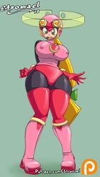 1girls alternate_breast_size alternate_version_available blonde_hair bodysuit boots capcom clothed gloves green_eyes hairband helmet hourglass_figure large_breasts mega_man mega_man_battle_network netnavi nipples rockman_exe roll.exe solo stockings stromael surprised tight_clothing wide_hips