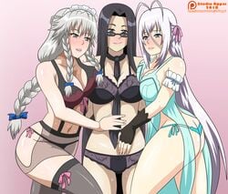 3girls crossover demon_girl female female_only grayfia_lucifuge high_school_dxd kuroko_smith looking_over_eyewear looking_over_glasses milf monster_musume monster_musume_no_iru_nichijou mother patreon rossweisse studio_oppai sunglasses text tinted_eyewear url watermark whentai yuri