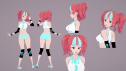 1girls ass bare_shoulders blue_hair breasts extremesoda female female_only green_eyes gym_uniform heart looking_at_viewer midriff multicolored_hair navel neon_katt open_mouth red_hair redhead rwby short_shorts shorts simple_background solo twintails two_tone_hair