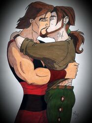 2boys beard bulge closed_eyes color crossover disney dreamworks ear_piercing facial_hair gay human jim_hawkins kissing male male/male male_only pale-skinned_male pale_skin sinbad sinbad:_legend_of_the_seven_seas tattoo traditional_media_(artwork) treasure_planet