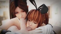 1boy 2girls 3d animated asian asian_female ball_sucking bewyx big_penis brown_eyes brown_hair bunny_ears cock_worship collaborative_fellatio dead_or_alive double_fellatio fake_animal_ears fake_rabbit_ears fatal_fury fellatio ffm_threesome gloves holding_hands kasumi_(doa) king_of_fighters large_penis light-skinned_male long_hair mai_shiranui male_pov oral pale-skinned_male pale_skin penis ponytail pov red_eyes red_hair sex snk sound straight teamwork thick_penis threesome video