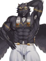 aaassstaro abs armpit_hair body_hair bottomwear bulge chest_hair clothing felid flaccid genitals humanoid_penis male male_only mammal muscular muscular_male nipples pantherine pants pecs penis pubes tezcatlipoca tight_clothing tokyo_afterschool_summoners video_games wings