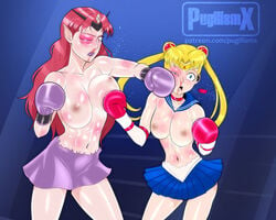 2girls arena bishoujo_senshi_sailor_moon blue_eyes boxing boxing_gloves boxing_ring bruised_eye bruises clothing elbow_gloves female female_only gloves light-skinned_female light_skin long_hair medium_breasts mostly_nude mouthguard multiple_girls pale-skinned_female pale_skin pointy_ears pugilismx punch punching purple_boxing_gloves purple_gloves queen_beryl red-pink_boxing_gloves red_eyes sailor_moon shiny_hair shiny_skin skirt thick thick_hips thick_thighs thighs torn_clothes twintails usagi_tsukino wide_hips