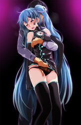 1boy bangs black_dress black_footwear black_gloves black_hair black_panties blue_hair boots breast_grab breasts closed_eyes dress dress_lift elbow_gloves female fingering gloves grabbing grabbing_from_behind groping hair_between_eyes hatsune_miku head_tilt highres long_hair medium_breasts open_mouth panties project_diva project_diva_(series) pussy_juice shiny shiny_hair short_dress sleeveless sleeveless_dress sweatdrop thigh_boots thighhighs tsukishiro_saika twintails underwear very_long_hair vocaloid