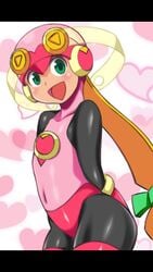 1girls big_ass blonde_hair blush bodysuit capcom flat_chest hairband helmet mega_man mega_man_battle_network netnavi rockman rockman_exe roll.exe smile solo stockings wide_hips