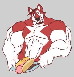 2012 3_fingers 4_fingers abs anthro beard beef_stroganov biceps big_muscles big_penis black_nose brown_hair canid canine canis cartoonjunkie circumcised domestic_dog facial_hair fingers food fur genitals hair hot_dog_bun huge_muscles husky hybrid looking_at_viewer male male_only mammal multicolored_body multicolored_fur muscular muscular_male mustard nordic_sled_dog nude pecs penis penis_hot_dog pink_penis plate red_body red_fur simple_background smile solo spatula spitz standing tools two_tone_body two_tone_fur vein veiny_penis white_body white_fur wolfdog