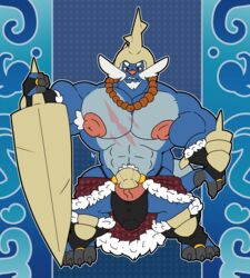 1boy anthro anthrofied armor bead_necklace big_penis chest_scar clothing feet fingerless_gloves furry genitals gloves grin handwear headgear helmet hi_res horn huge_cock hyper hyper_genitalia hyper_penis kokoro-doll looking_at_viewer male male_only melee_weapon muscular nintendo nipples original_character otter penis pokémon_(species) pokemon pokemon_(species) pokemon_bw red_eyes samurott scar shell smile sword teeth text veins veiny_penis video_games watermark weapon