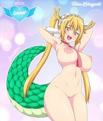 absurdres areolae armpits arms_behind_head arms_up between_breasts blonde_hair blush breasts character_name dragon_girl dragon_horns dragon_tail elbow_gloves female female_only gloves highres horns large_breasts long_hair long_twintails loreleth maid_headdress miss_kobayashi's_dragon_maid naked_gloves navel necktie necktie_between_breasts nipples nude open_mouth orange_eyes pussy red_neckwear shiny shiny_hair shiny_skin simple_background smile solo sparkle_background tail teeth thick_thighs tohru_(dragon_maid) twintails upper_teeth wide_hips