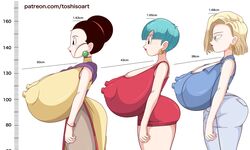 3girls alternate_version_available android_18 ass_in_dress blonde_hair blue_eyes bulma_briefs bust_chart cameltoe chichi cleavage comparison curvy dragon_ball dragon_ball_super erect_nipples female gigantic_breasts huge_areolae huge_ass hyper_breasts nipple_bulge puffy_nipples red_lips short_hair sideboob size_difference thick_lips toshiso voluptuous wide_hips