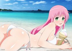 1girls alien alien_girl alien_humanoid ass beach cloud day dessert devilukean devilukean_tail ed-jim female green_eyes ice_cream lala_satalin_deviluke long_hair looking_at_viewer looking_back open_mouth pink_hair sky smile solo to_love-ru water whentai white_bikini